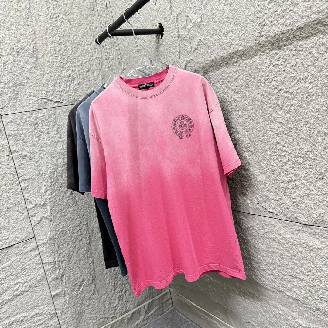 🅿️200 CH Croix Heart 2025 Summer New Style Heavy Acid Washing Gradient Distressing Chest Logo Classic Embroidery Customized Fabric Short Sleeve T-shirt Unisex Size: S M L XL XXL Five Codes (European Code) Color: Gradient Black Gradient Pink Gradient Blue